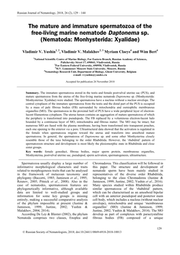 The Mature and Immature Spermatozoa of the Free-Living Marine Nematode Daptonema Sp