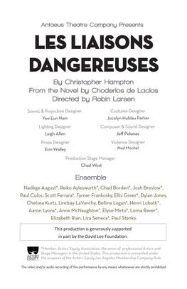 LES LIAISONS DANGEREUSES by Christopher Hampton from the Novel by Choderlos De Laclos Directed by Robin Larsen