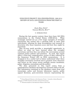 Innocence Project: Dna Exonerations, 1989-2014: Review of Data and Findings from the First 25 Years