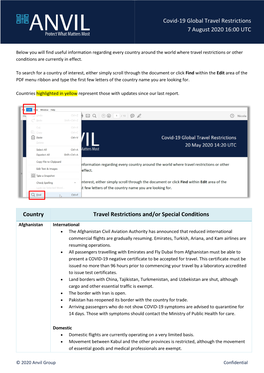 Covid-19 Global Travel Restrictions 7 August 2020 16:00 UTC Country