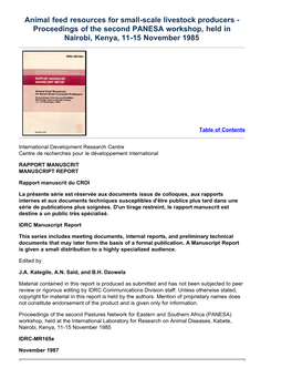 Animal Feed Resources for Small-Scale Livestock Producers - Proceedings of the Second PANESA Workshop, Held in Nairobi, Kenya, 11-15 November 1985