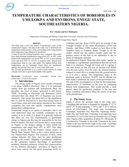 Temperature Characteristics of Boreholes in Umulokpa and Environs, Enugu State, Southeastern Nigeria