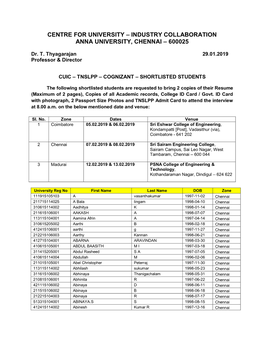 Industry Collaboration Anna University, Chennai – 600025
