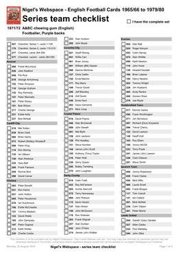 Series Team Checklist I Have the Complete Set 1971/72 A&BC Chewing Gum (English) Footballer, Purple Backs