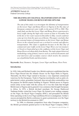 ANTHONY Danladi Ali Federal University Lokoja the DILEMMA of COLONIAL TRANSPORTATION on the LOWER NIGER and BENUE RIVERS 1879-19