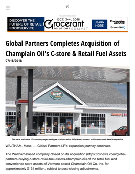 Global Partners Completes Acquisition of Champlain Oil's C-Store & Retail Fuel Assets 07/18/2018