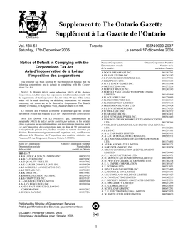 Ontario Gazette Volume 138 Issue 51, La Gazette De L'ontario Volume 138