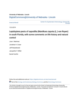 Lepidoptera Pests of Sapodilla (Manilkara Zapota (L.) Van Royen) in South Florida, with Some Comments on Life History and Natural Control