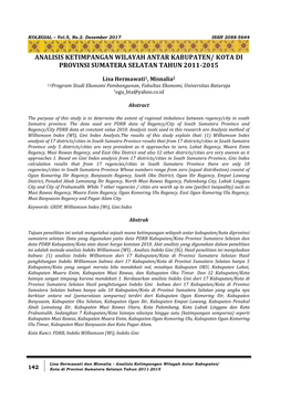 Analisis Ketimpangan Wilayah Antar Kabupaten/ Kota Di Provinsi Sumatera Selatan Tahun 2011-2015