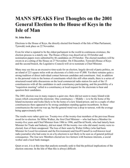 MANN SPEAKS First Thoughts on the 2001 General Election to the House of Keys in the Isle of Man