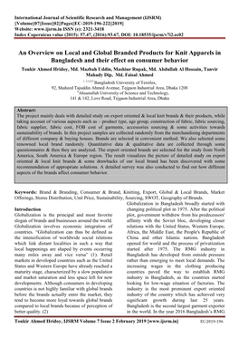 An Overview on Local and Global Branded Products for Knit Apparels in Bangladesh and Their Effect on Consumer Behavior Toukir Ahmed Hridoy, Md