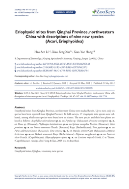 Eriophyoid Mites from Qinghai Province, Northwestern China with Descriptions of Nine New Species (Acari, Eriophyoidea)