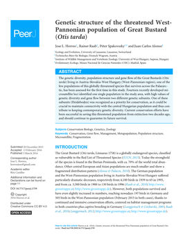 Genetic Structure of the Threatened West- Pannonian Population of Great Bustard (Otis Tarda)