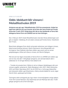 Odds: Idolduett Blir Vinnare I Melodifestivalen 2019