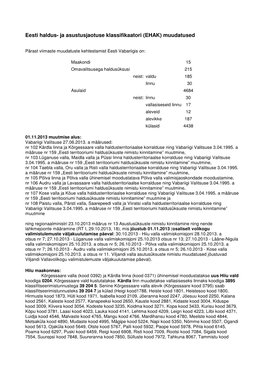 Eesti Haldus- Ja Asustusjaotuse Klassifikaatori (EHAK) Muudatused