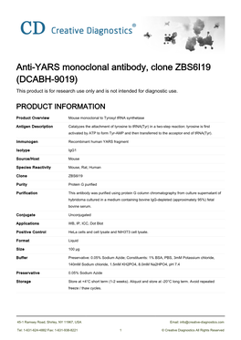 Anti-YARS Monoclonal Antibody, Clone ZBS6I19 (DCABH-9019) This Product Is for Research Use Only and Is Not Intended for Diagnostic Use