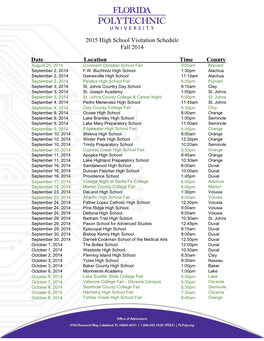 2015 High School Visitation Schedule Fall 2014 Date ___ Location Time