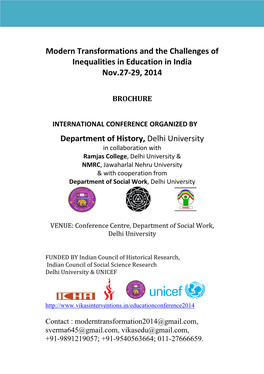 Modern Transformations and the Challenges of Inequalities in Education in India Nov.27-29, 2014