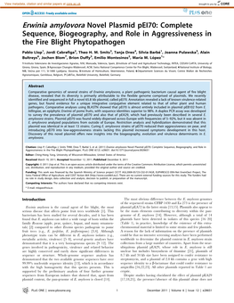 Erwinia Amylovora Novel Plasmid Pei70: Complete Sequence, Biogeography, and Role in Aggressiveness in the Fire Blight Phytopathogen