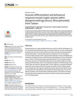 Acoustic Differentiation and Behavioral Response Reveals Cryptic Species Within Buergeria Treefrogs (Anura, Rhacophoridae) from Taiwan