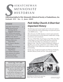 Saskatchewan Mennonite Historian from the Editor’S Desk Saskatchewan by Victoria Neufeldt Mennonite Historian