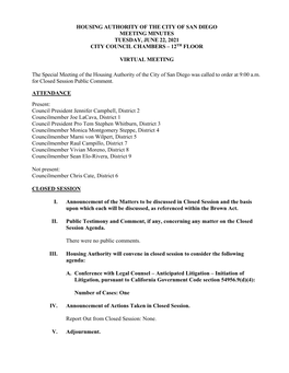Minutes Tuesday, June 22, 2021 City Council Chambers – 12Th Floor