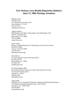 New Orleans Area Health Disparities Initiative June 12, 2006 Meeting Attendees