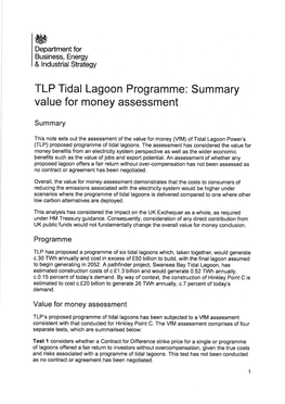 TLP Tidal Lagoon Programme: Summary Value for Money Assessment