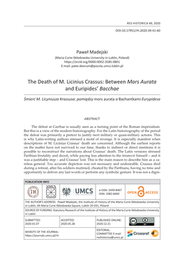 The Death of M. Licinius Crassus: Between Mors Aurata and Euripides’ Bacchae