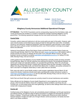 Allegheny County Announces Additional Operational Changes