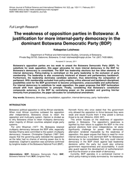 The Weakness of Opposition Parties in Botswana: a Justification for More Internal-Party Democracy in the Dominant Botswana Democratic Party (BDP)