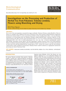 Investigations on the Processing and Production of Herbal Tea from Pakalana Telosma Cordata, Flowers Using Blanching and Drying