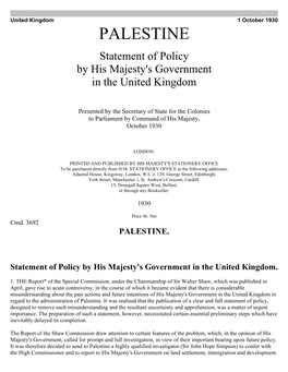 PALESTINE Statement of Policy by His Majesty's Government in the United Kingdom