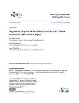 Degree Centrality and the Probability of an Infectious Disease Outbreak in Towns Within a Region