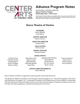 Advance Program Notes Far but Close, and Other Repertoire Dance Theatre of Harlem Wednesday, May 7, 2014, 8 Pm