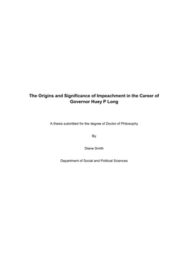 The Origins and Significance of Impeachment in the Career of Governor Huey P Long