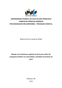 Universidade Federal Do Vale Do São Francisco Campus De Ciências Agrárias Pós-Graduação Em Agronomia – Produção Vegetal