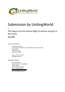 Submission by Unitingworld to the Inquiry Into the Human Right of Women and Girls in the Pacific July 2020