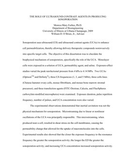THE ROLE of ULTRASOUND CONTRAST AGENTS in PRODUCING SONOPORATION Monica Mary Forbes, Ph.D. Department of Bioengineering Universi