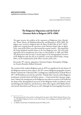 The Bulgarian Migrations and the End of Ottoman Rule in Bulgaria (1878–1900)*