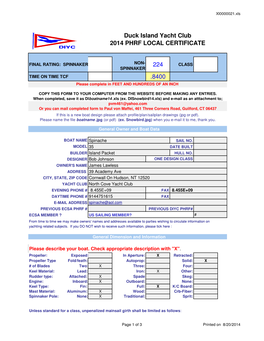 224 .8400 Duck Island Yacht Club 2014 PHRF LOCAL CERTIFICATE