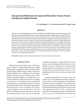 Entrepreneurial Behaviour of Commercial Floriculture Nursery Owners in Kadiyam of Andhra Pradesh