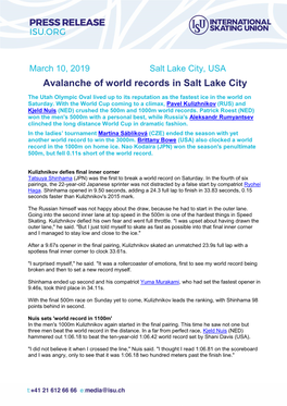 Avalanche of World Records in Salt Lake City