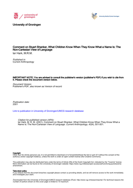 What Children Know When They Know What a Name Is: the Non-Cartesian View of Language Ter Hark, M.R.M