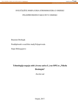 Tehnologija Uzgoja Zobi (Avena Sativa L.) Na OPG-U „Nikola Drobnjak“