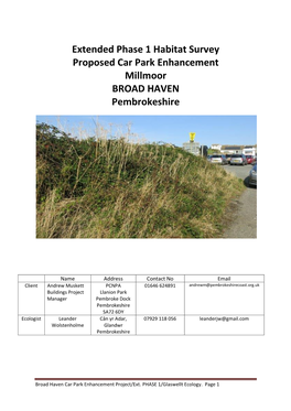 Extended Phase 1 Habitat Survey Proposed Car Park Enhancement Millmoor BROAD HAVEN Pembrokeshire