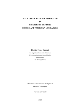 MALE USE of a FEMALE PSEUDONYM in NINETEENTH-CENTURY BRITISH and AMERICAN LITERATURE Heather Anne Hannah