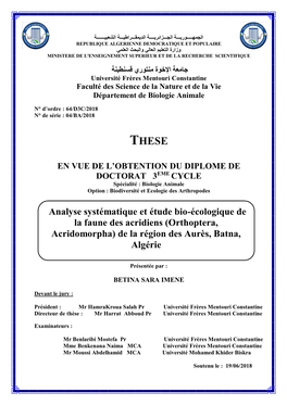 Analyse Systématique Et Étude Bio-Écologique De La Faune Des Acridiens (Orthoptera, Acridomorpha) De La Région Des Aurès, Batna, Algérie