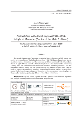 Pastoral Care in the Polish Legions (1914–1918) in Light of Memories (Outline of the Main Problems)