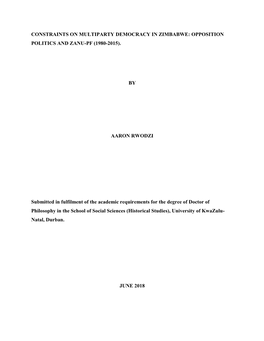 Constraints on Multiparty Democracy in Zimbabwe: Opposition Politics and Zanu-Pf (1980-2015)